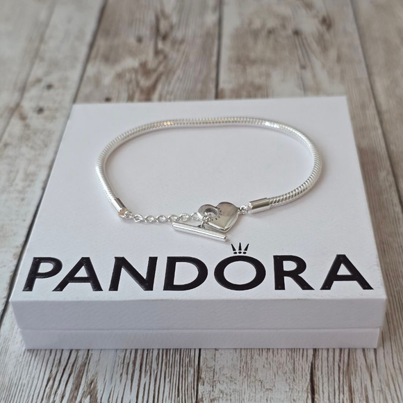 Pandora Silver Snake Chain Heart T-Bar Bracelet Size 8 - Picture 4 of 5
